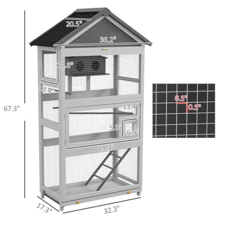 Gray wooden bird aviary with wire mesh panels and black roof, size diagram