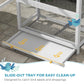 Slide-out tray at bird aviary base with white frame and wire mesh