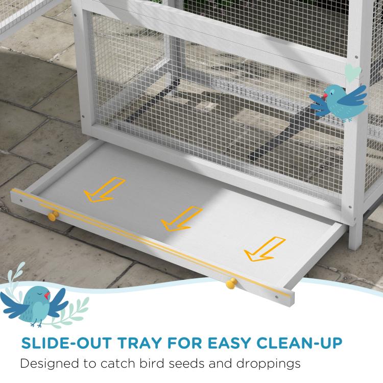 Slide-out tray at bird aviary base with white frame and wire mesh