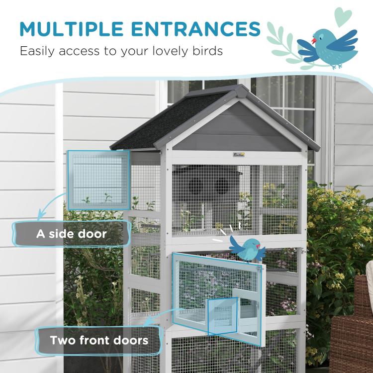 Bird aviary with side door and two front door openings in wire mesh