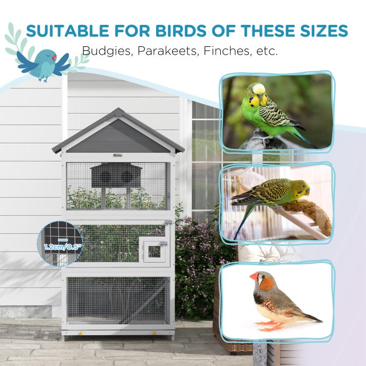 Gray wooden bird aviary with wire mesh walls, shown with bird size photos