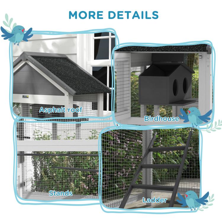 Bird aviary details: asphalt roof panel, birdhouse, ladder, and wire enclosure