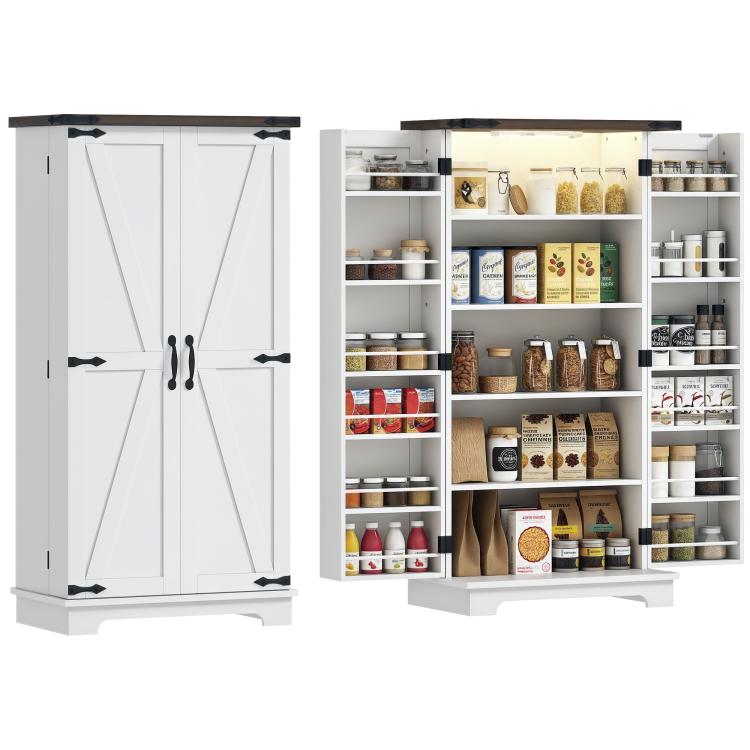White pantry cabinet with double barn-style doors and open interior shelves for kitchen storage
