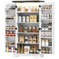 White kitchen storage cabinet with open shelving compartments for jars, bottles, and pantry items
