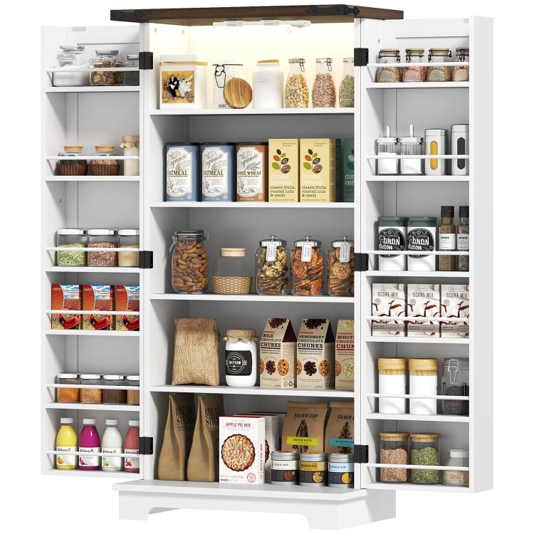 White kitchen storage cabinet with open shelving compartments for jars, bottles, and pantry items