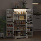 White kitchen pantry cabinet with open doors, multiple shelves, and storage compartments