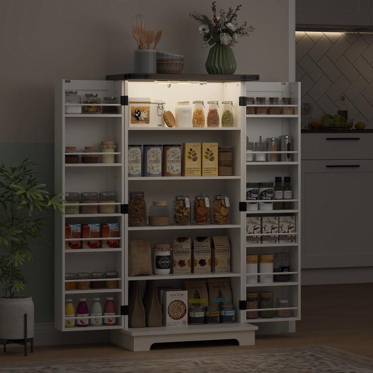White kitchen pantry cabinet with open doors, multiple shelves, and storage compartments