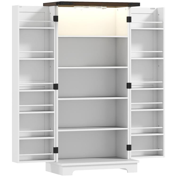 White kitchen pantry cabinet with open doors and adjustable shelf rows