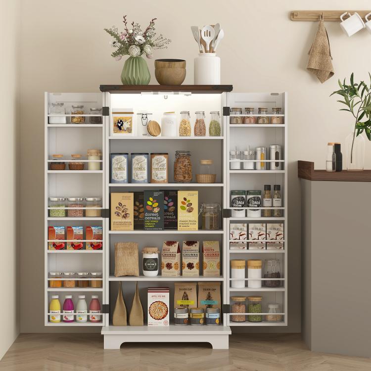 White pantry cabinet with multiple shelves and open door compartments for kitchen storage