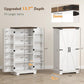 White pantry cabinet with adjustable shelves and barn-style double doors, side view