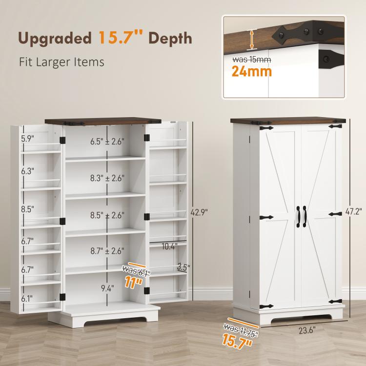 White pantry cabinet with adjustable shelves and barn-style double doors, side view