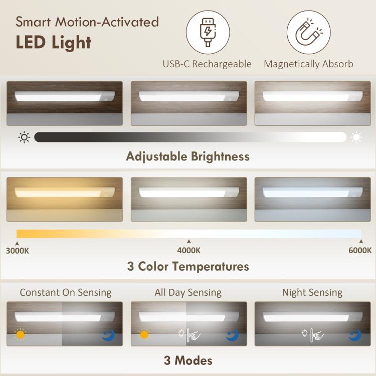 White cabinet with motion-sensing LED light bar and adjustable brightness settings