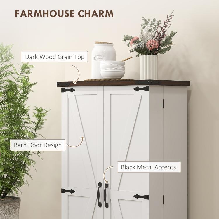 White pantry cabinet with dark wood top, black metal accents, and barn-style doors