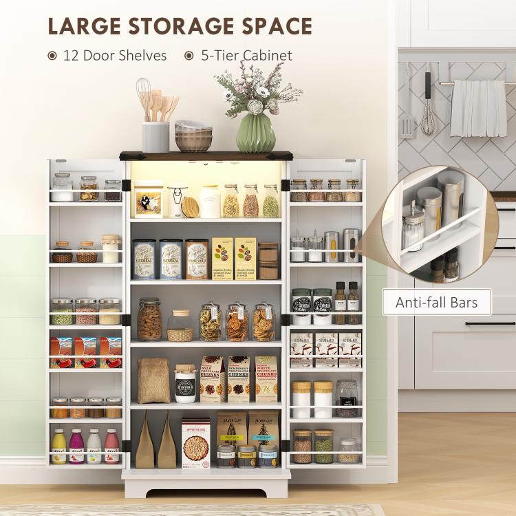 White pantry cabinet with door shelves and interior compartments, includes anti-fall bars