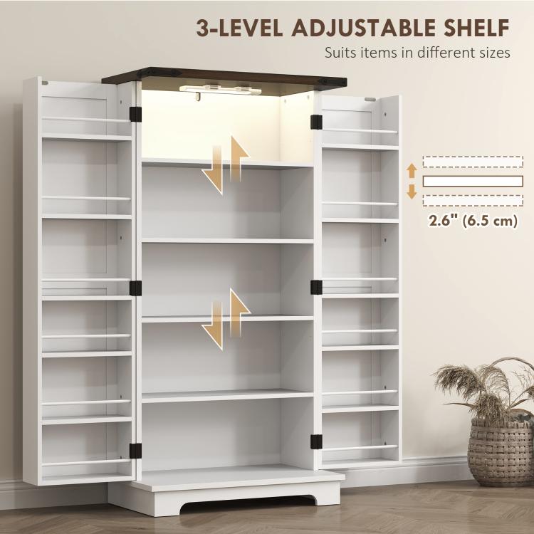 White pantry cabinet with 3-level adjustable shelves for organizing kitchen items