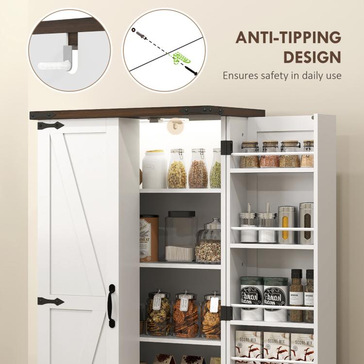 White pantry cabinet with anti-tipping design and open interior shelving storage