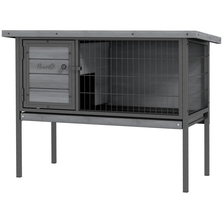 Gray elevated wooden rabbit hutch with open front door and wire mesh side panel