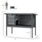 Gray elevated rabbit hutch with labeled dimensions, wire mesh enclosure and front door