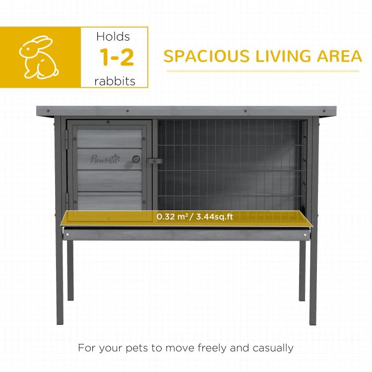 Gray elevated rabbit hutch with wire enclosure and visible plastic tray beneath