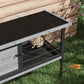 Gray elevated rabbit hutch with open top panel above wire mesh, rabbit inside