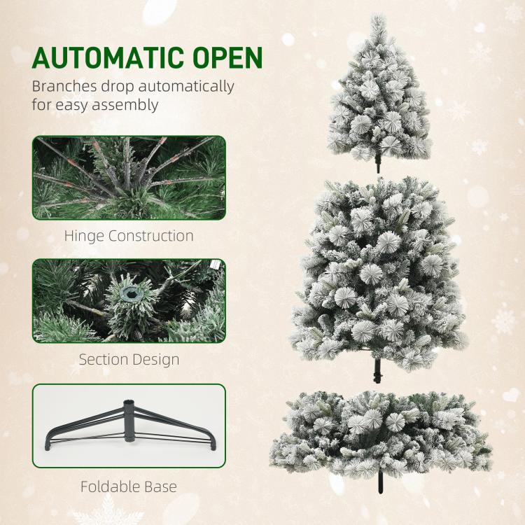 Flocked prelit artificial Christmas tree with foldable stand, compact triangular shape