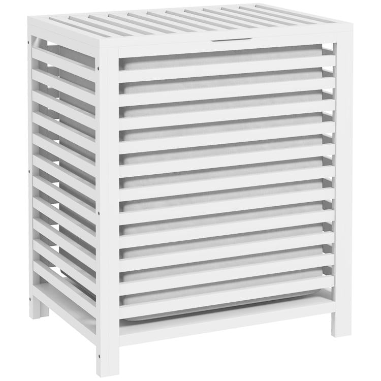 White slatted bamboo laundry hamper with lid, open front panel