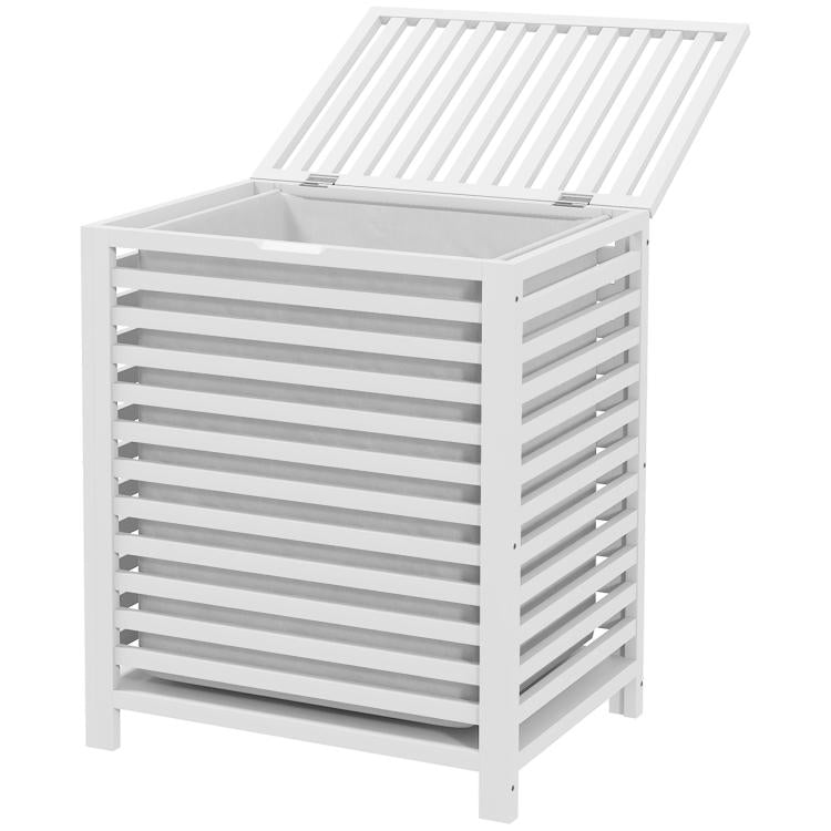 White slatted bamboo laundry hamper with open lid and gray interior liner