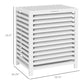White slatted bamboo laundry hamper with lid, front and side view