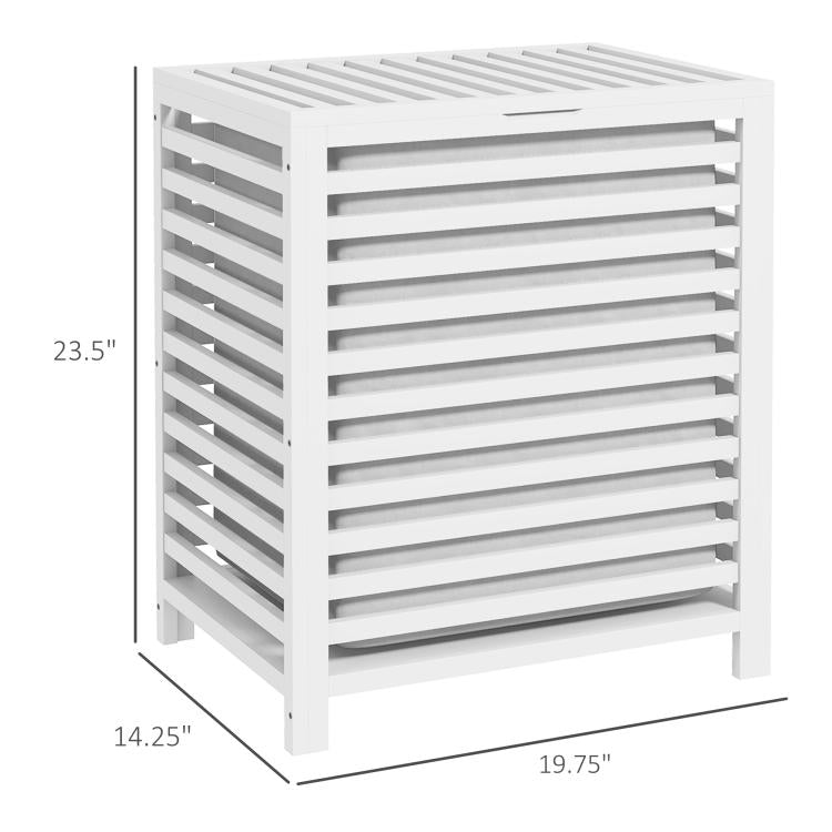 White slatted bamboo laundry hamper with lid, front and side view