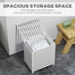 White slatted bamboo laundry hamper with open lid and folded clothes inside