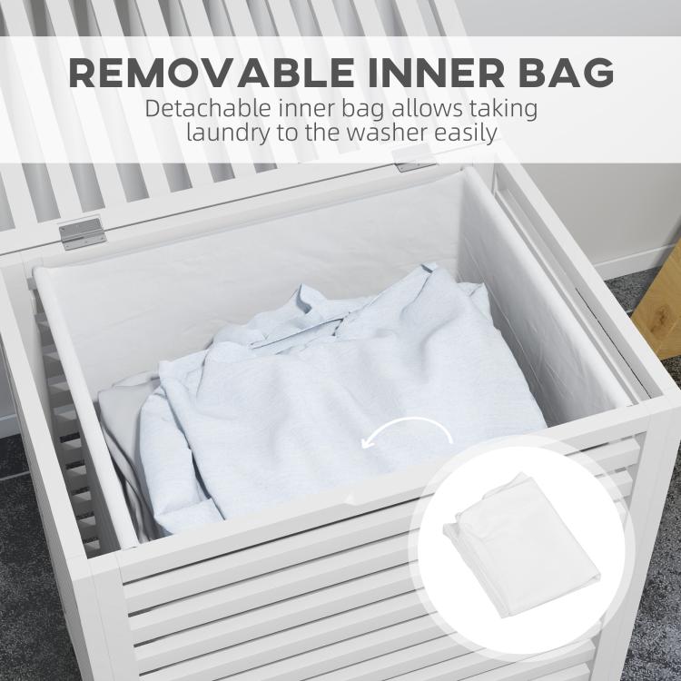 White slatted bamboo laundry hamper with removable inner liner bag