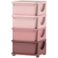 Pink 4-drawer kids dresser tower with tiered bins and semi-circular cutout handles