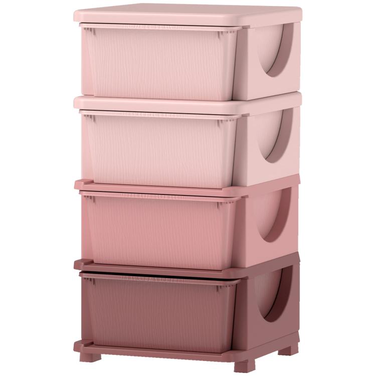 Pink 4-drawer kids dresser tower with tiered bins and semi-circular cutout handles