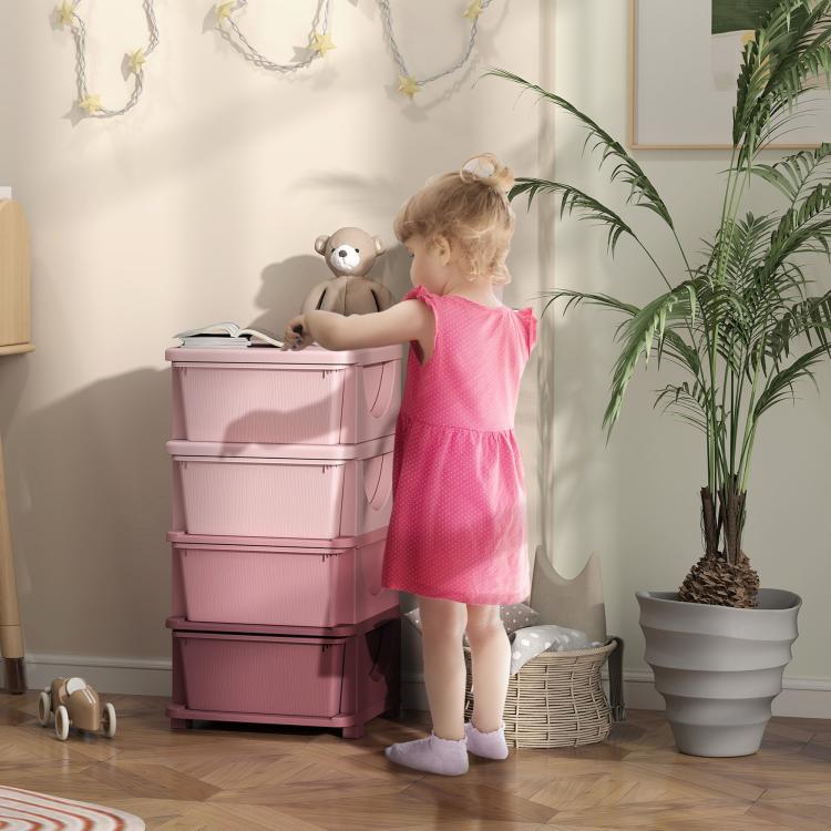 Pink kids storage dresser tower with four stacked drawers for organizing clothing or toys