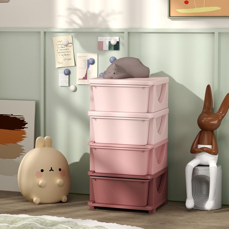 Pink 4-tier kids dresser tower with four drawers and side cutout handles