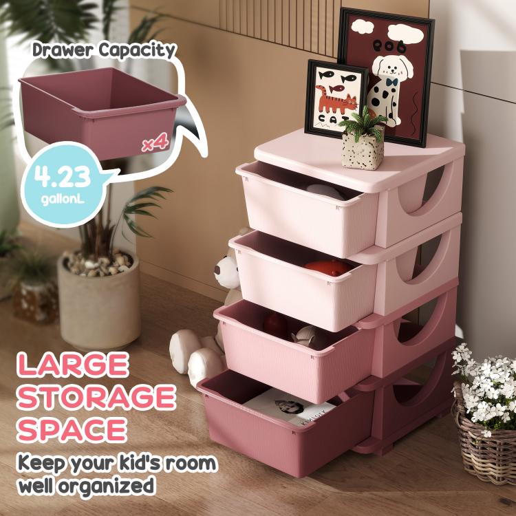 Pink kids 4-tier dresser tower showing four drawer compartments