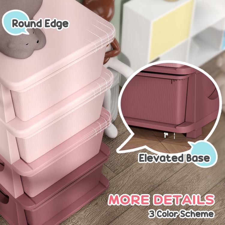 Pink kids dresser tower with rounded edge top and elevated base design