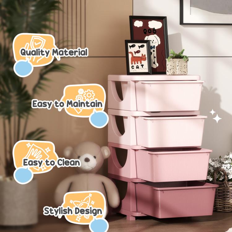 Pink 4-tier kids storage dresser tower with curved drawer fronts and side openings