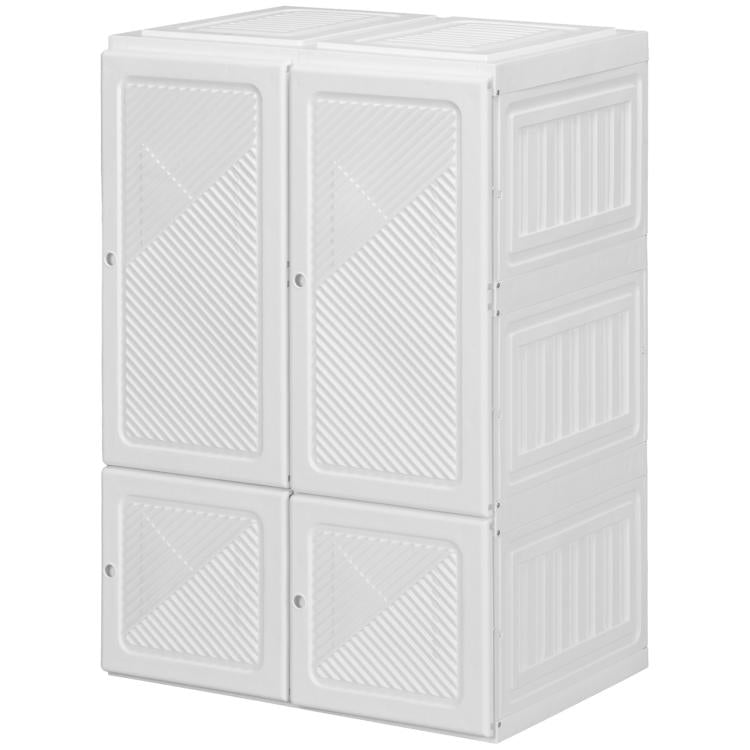 White foldable wardrobe cabinet with four vented door panels, angled front view.