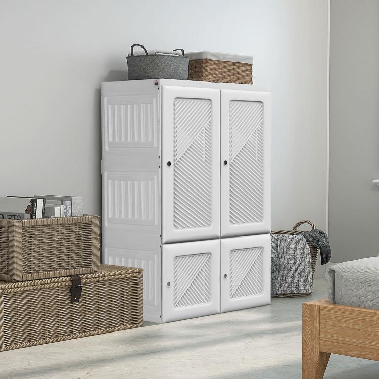 White 4-door foldable wardrobe cabinet with vented panels and side handles.