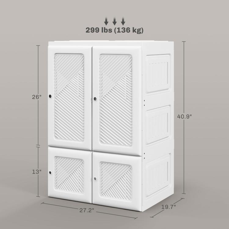 White foldable wardrobe cabinet with vented doors; product dimensions shown (diagram).