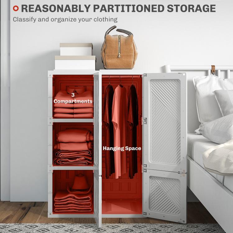 White foldable wardrobe cabinet with three compartments and an open hanging space.