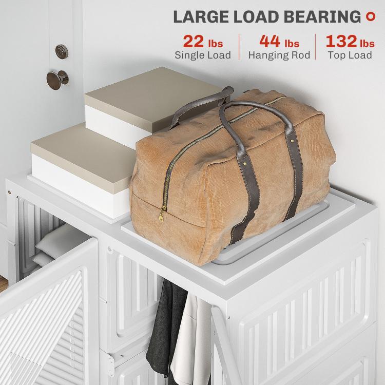 White foldable wardrobe with top shelf area and hanging rod, shown with a bag.