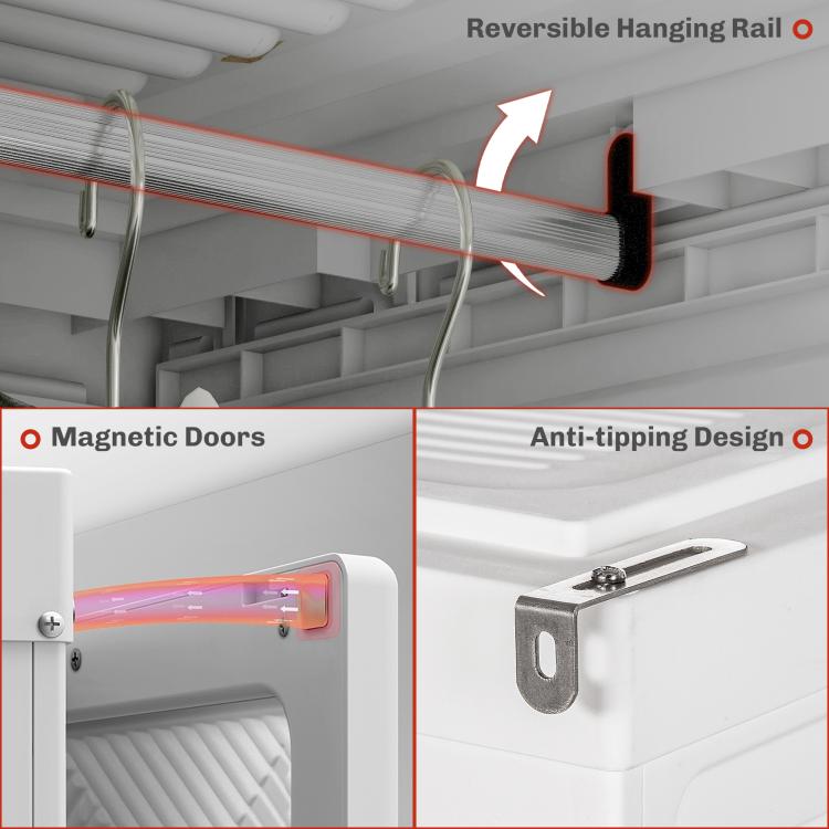 Foldable wardrobe close-up: magnetic door latches and anti-tipping stabilizer.