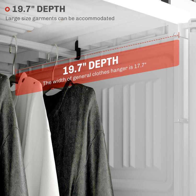 Foldable wardrobe interior with hanging rod depth clearance, side close-up.