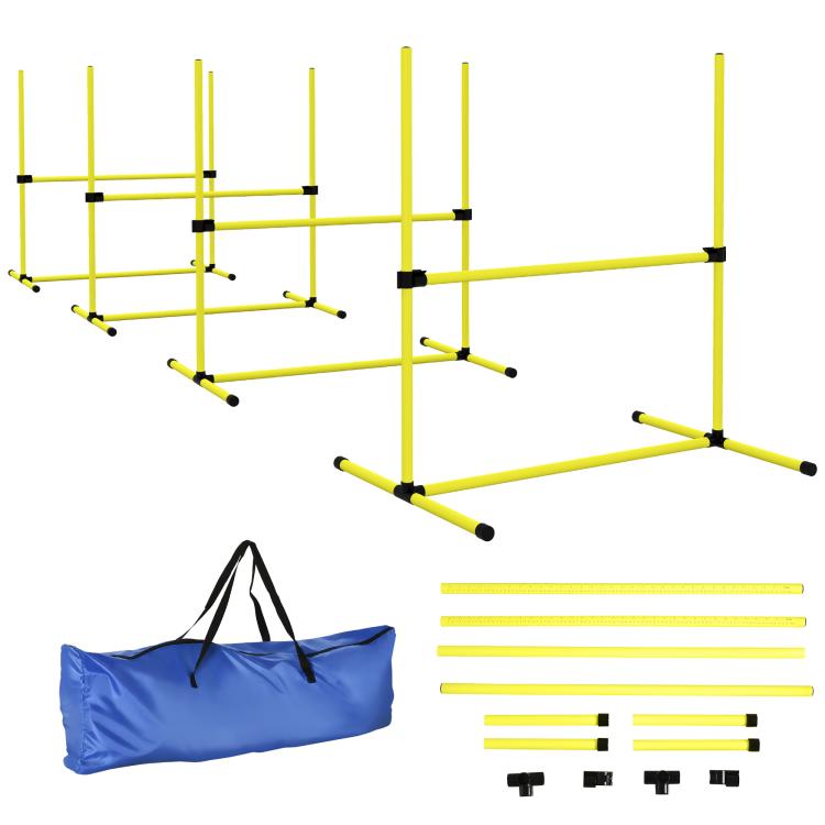Yellow dog agility jump bar set with black clamps and blue carry bag, four pieces