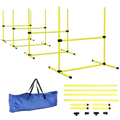 Yellow dog agility jump bar set with black clamps and blue carry bag, four pieces