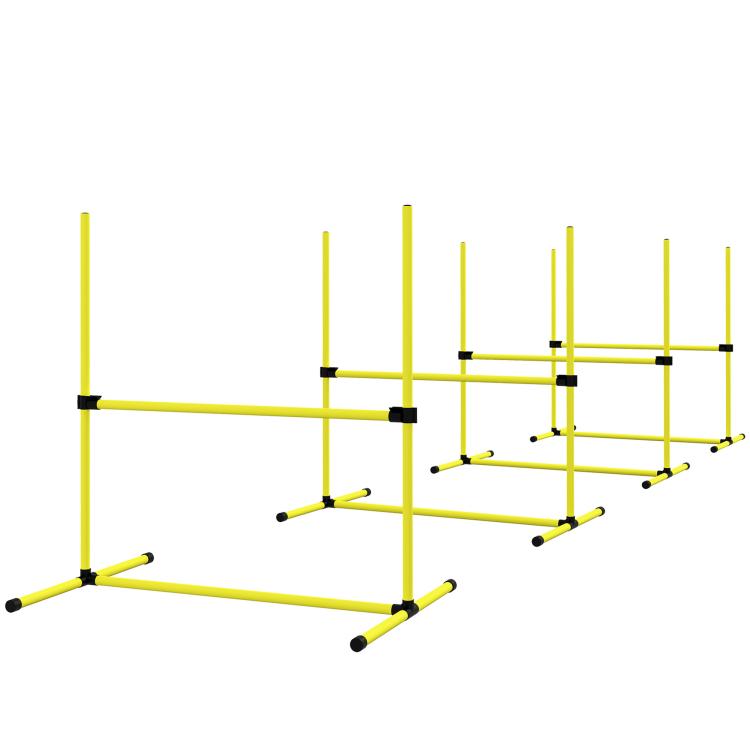 Yellow adjustable dog agility jump bar set with black connectors and low ground poles