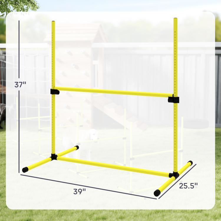 Adjustable yellow dog agility jump bar frame with black clamps and base feet