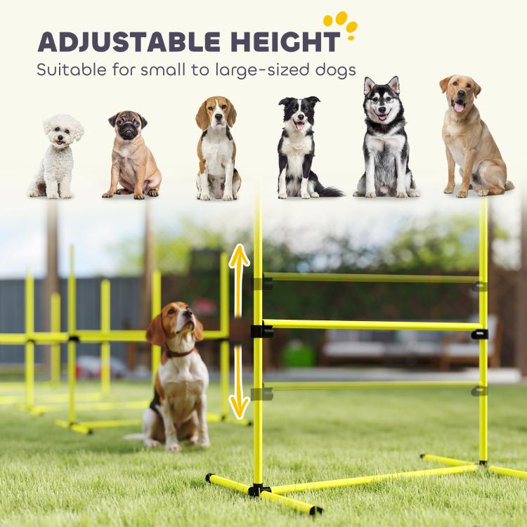 Yellow adjustable height dog agility jump bar with black clamps for training